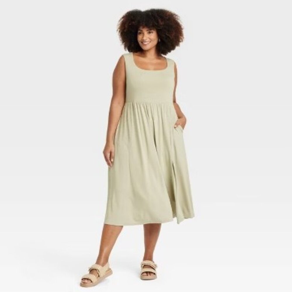 A New Day Sage Olive Green Sleeveless Midi Pockets Slit Dress 4X Butter Soft NWT